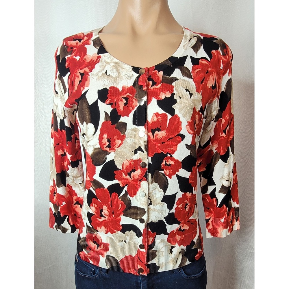 WHITE HOUSE BLACK MARKET Floral Metallic Knit Snap Cardigan Red Cream Sz S